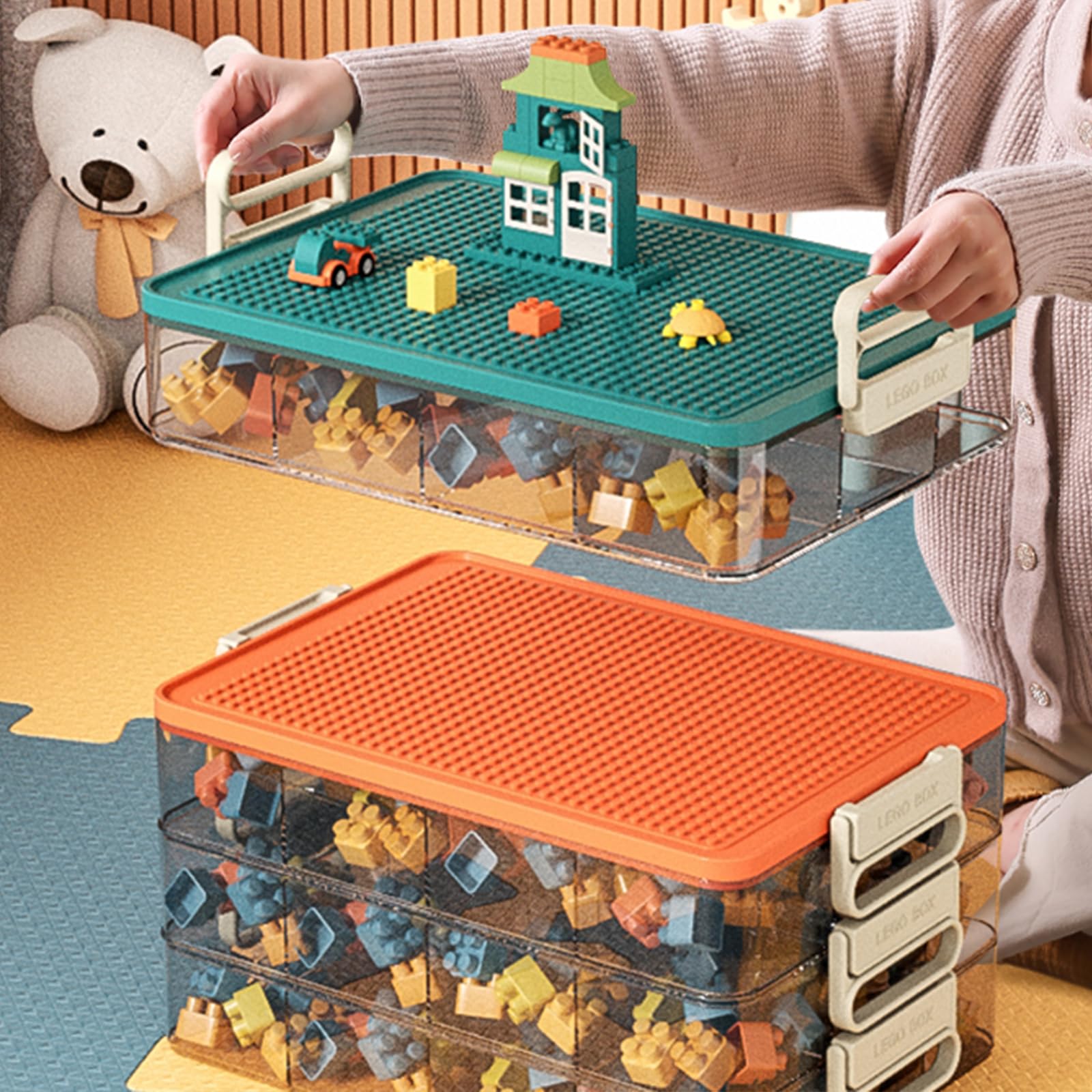 WMM Toys Storage Organizer Bins Green 3Layers compact footprint 14x9.5x3 inches for daily storage