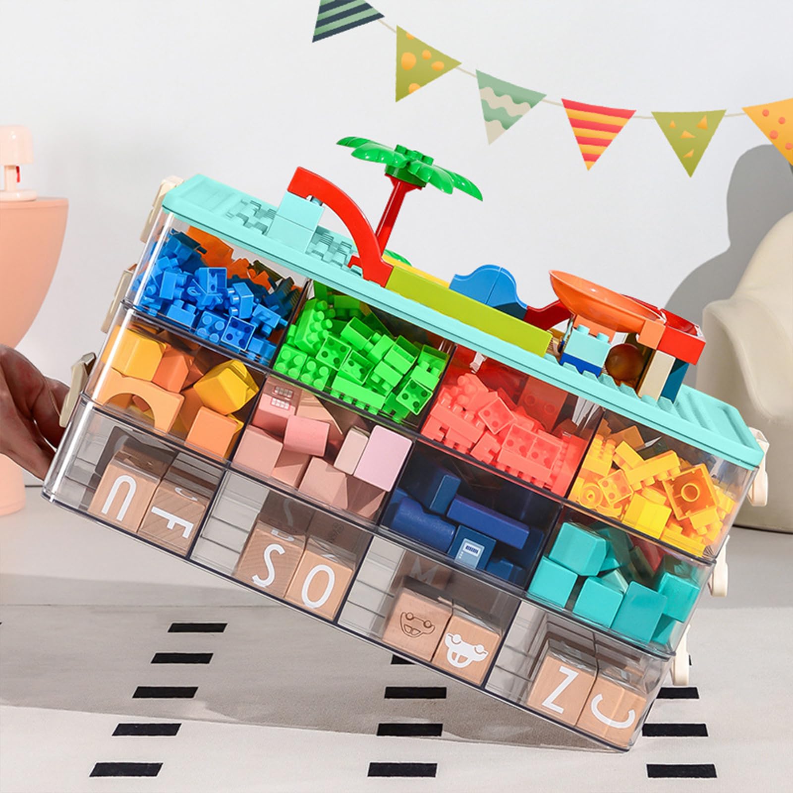 WMM Toys Storage Organizer Bins Green 3Layers features a built-on top cover for building blocks