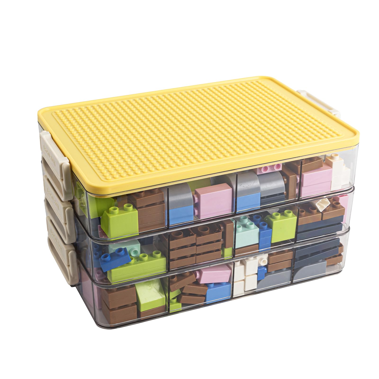 WMM Toys Storage Organizer Yellow 3-Layer top view shows stacked bins for Lego