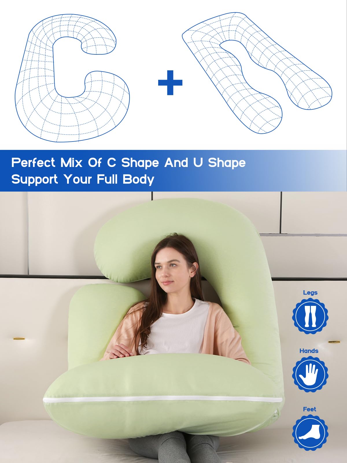 Wndy's Dream J-shaped body pillow supports hips, knees, and spine alignment.