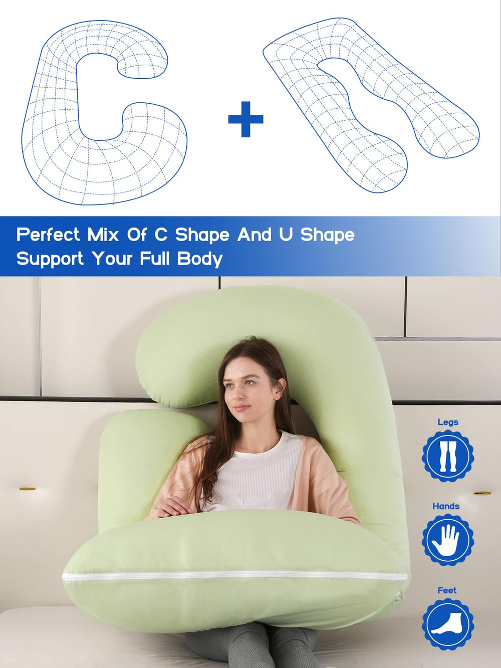 Wndy's Dream J-shaped body pillow supports hips, knees, and spine alignment.