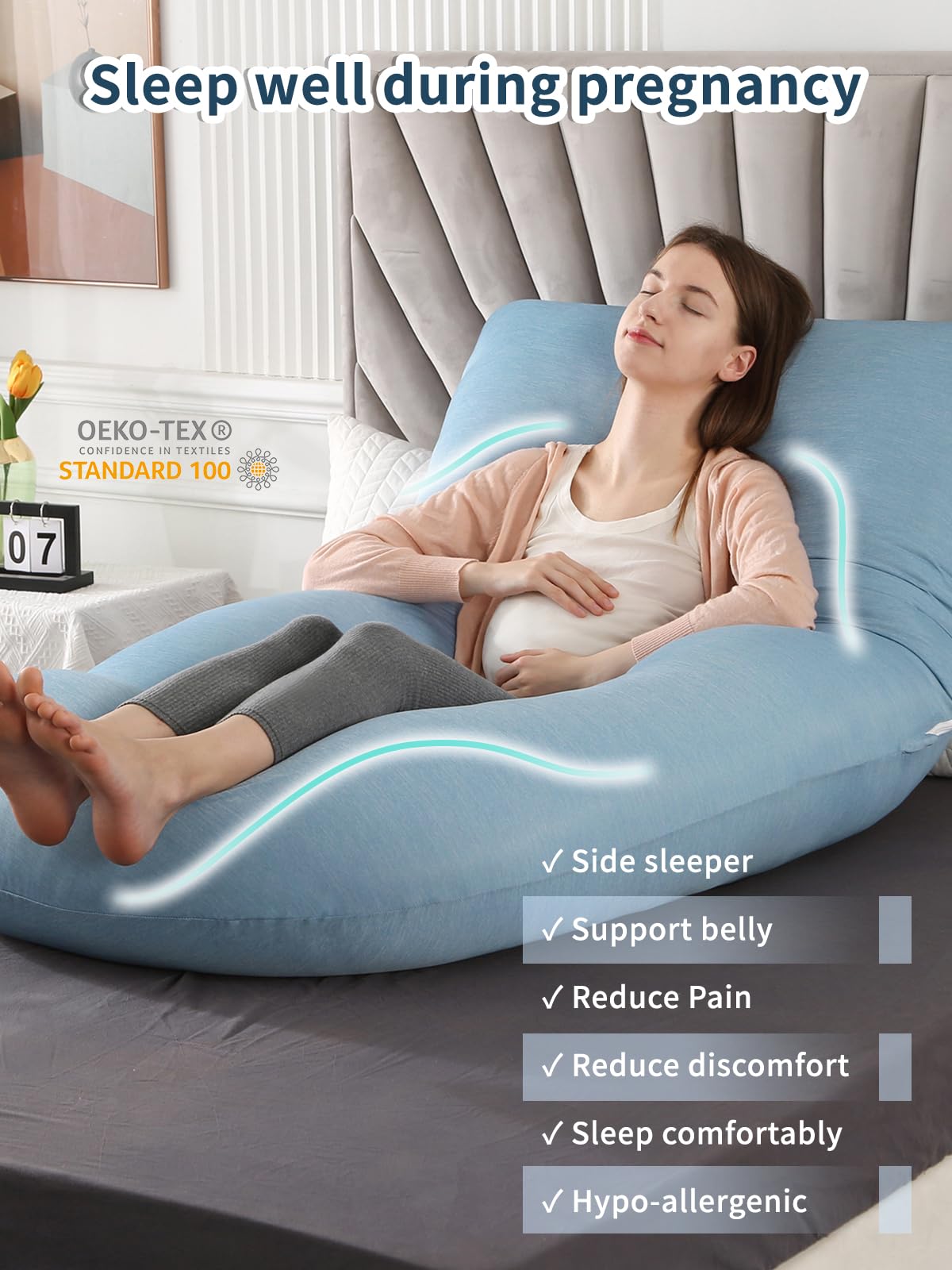 Wndy's Dream packaging display illustrates a ready-to-use 60 inch maternity pillow in the box.