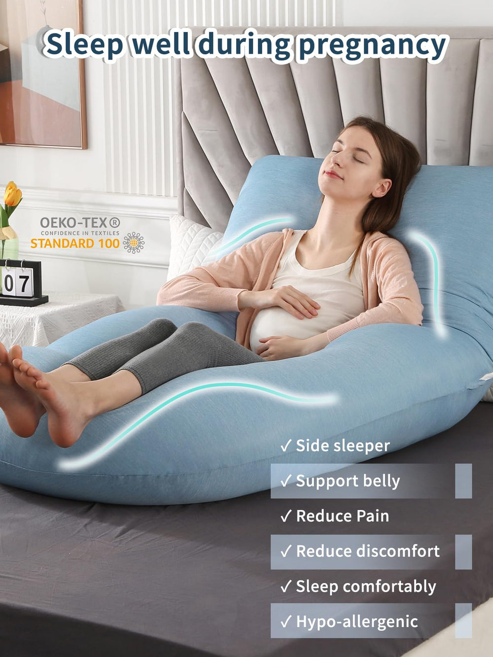 Wndy's Dream packaging display illustrates a ready-to-use 60 inch maternity pillow in the box.