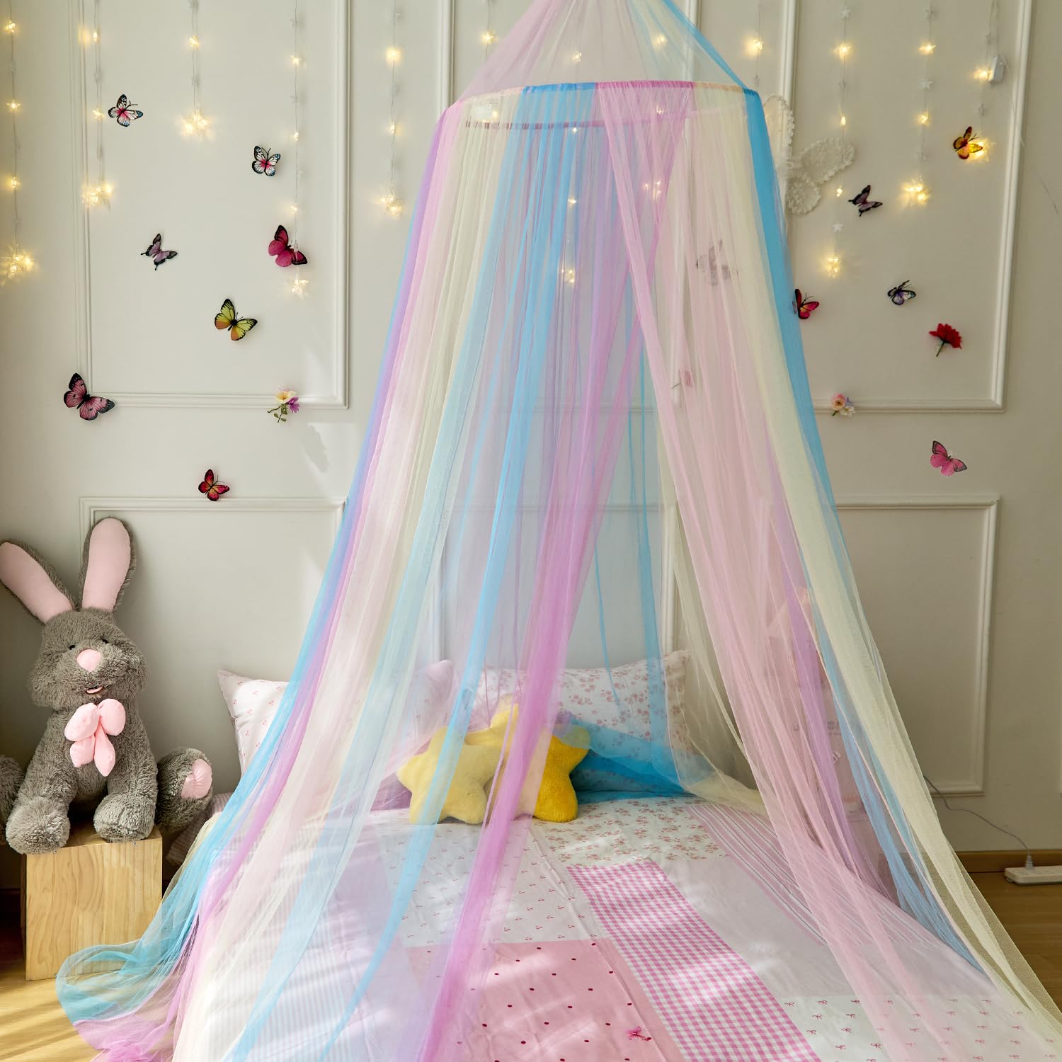 Wnqou Rainbow Bed Canopy in girls room creates a magical princess retreat for stories.
