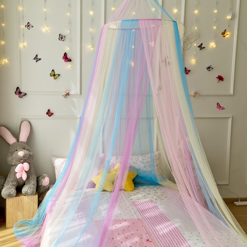 Wnqou Rainbow Bed Canopy in girls room creates a magical princess retreat for stories.
