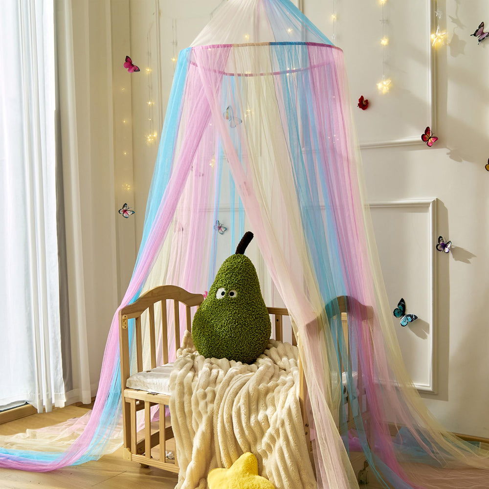 Wnqou Rainbow Bed Canopy side drape adds romantic ambiance for a fairy-tale bedroom.