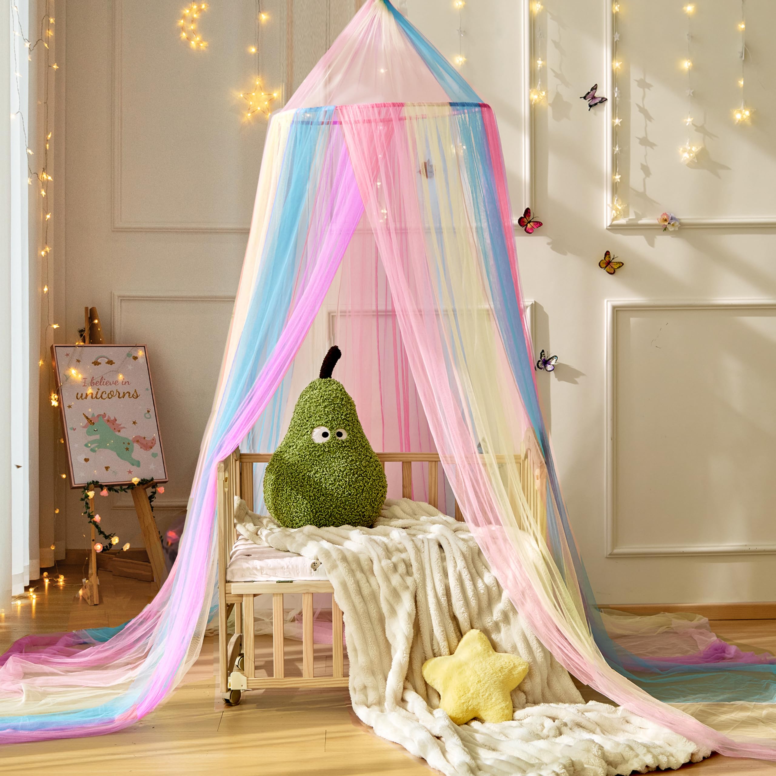 Wnqou Rainbow Bed Canopy top view reveals colorful drama for imaginative play and cozy corners.