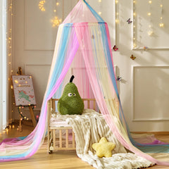 Wnqou Rainbow Bed Canopy top view reveals colorful drama for imaginative play and cozy corners.