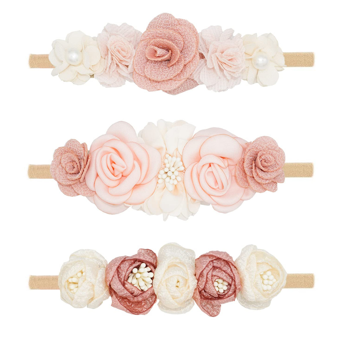 WNYUJOY baby flower headbands set closeup of flowers for soft newborn wear.