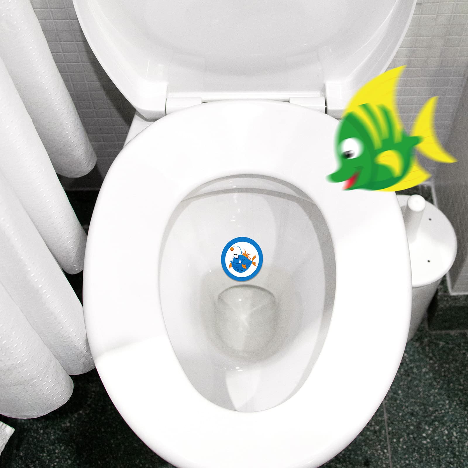 Woanger toilet targets fish motif motivates positive potty time routines.