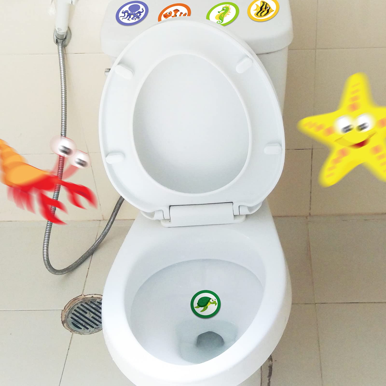 Woanger toilet targets starfish artwork brightens bathroom training moments.
