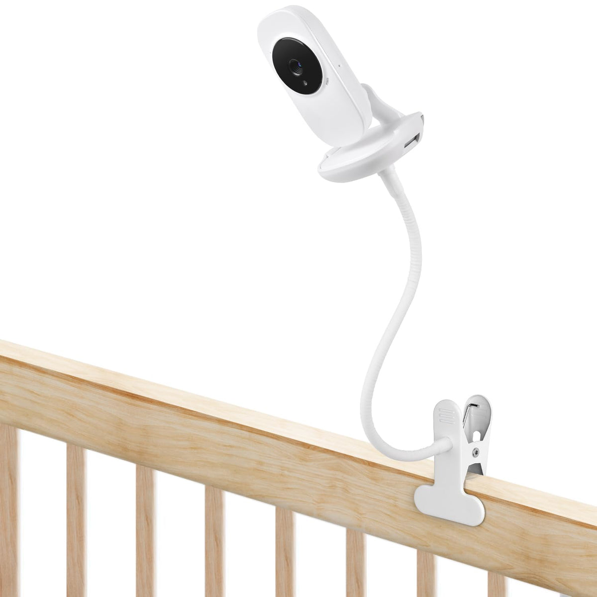 Wochel baby-monitor-holder-clip-on-crib secures on crib rail for hands-free viewing.