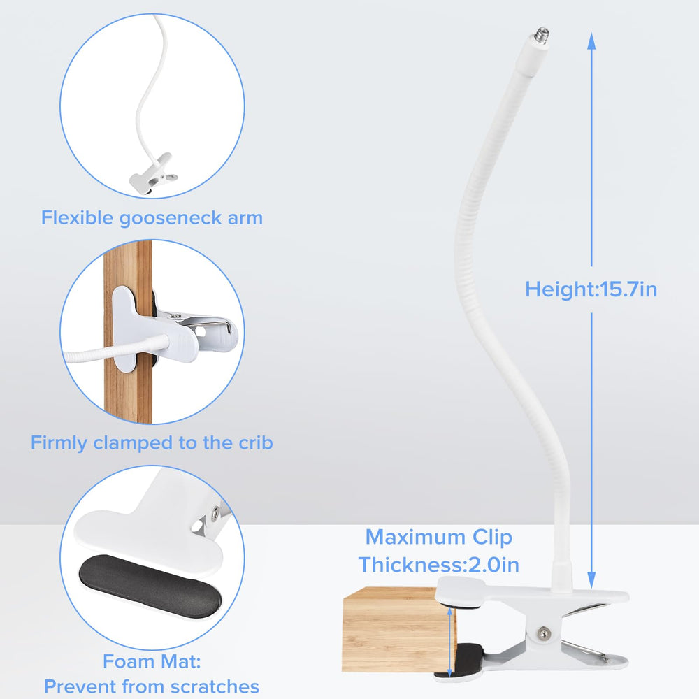 Wochel baby-monitor-mount-on-crib clipped to a crib edge for consistent night viewing.