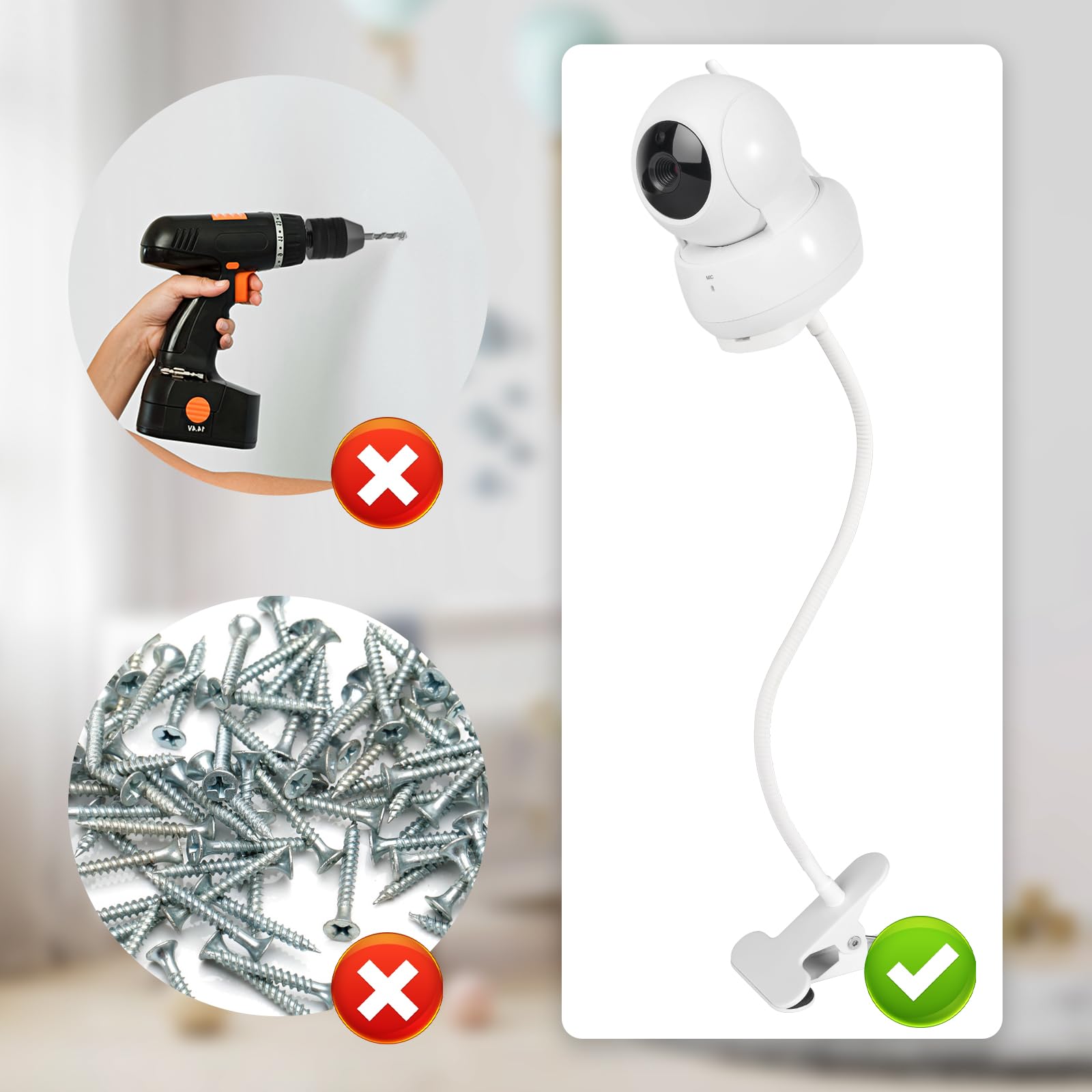 Wochel baby-monitor-mount-tool-free-install highlights tool-free, drill-free setup on flat surfaces.