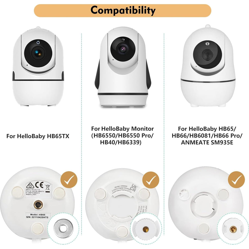 Wochel wall mount demonstrates compatibility with HelloBaby HB65/HB40 and ANMEATE cameras.