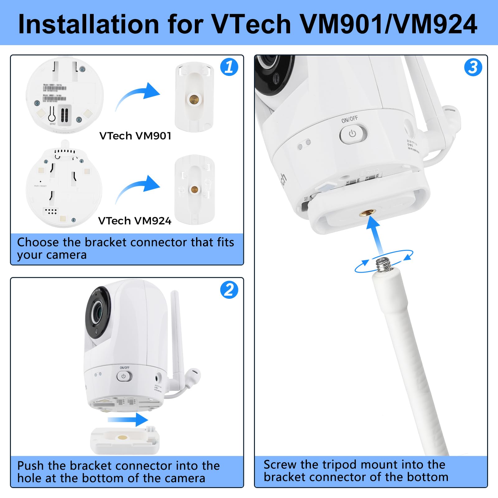 Wochel compatibility graphic lists VTech VM901/VM928 and 1/4 threaded hole.