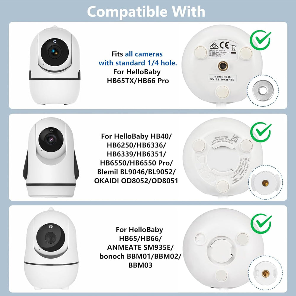 Wochel universal-compatibility mount fits Hello Baby HB65 and HB6550 cameras with 1/4 thread.