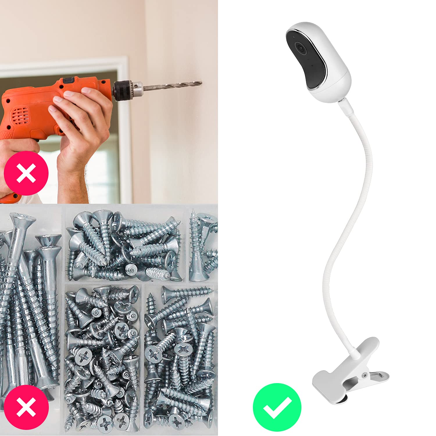 Wochel gooseneck mount crib-clip attachment safeguards furniture during monitoring.