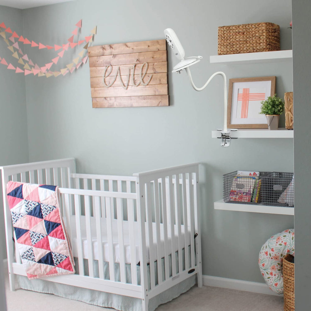 Wochel crib-side view illustrates compact, clutter-free mounting solution.