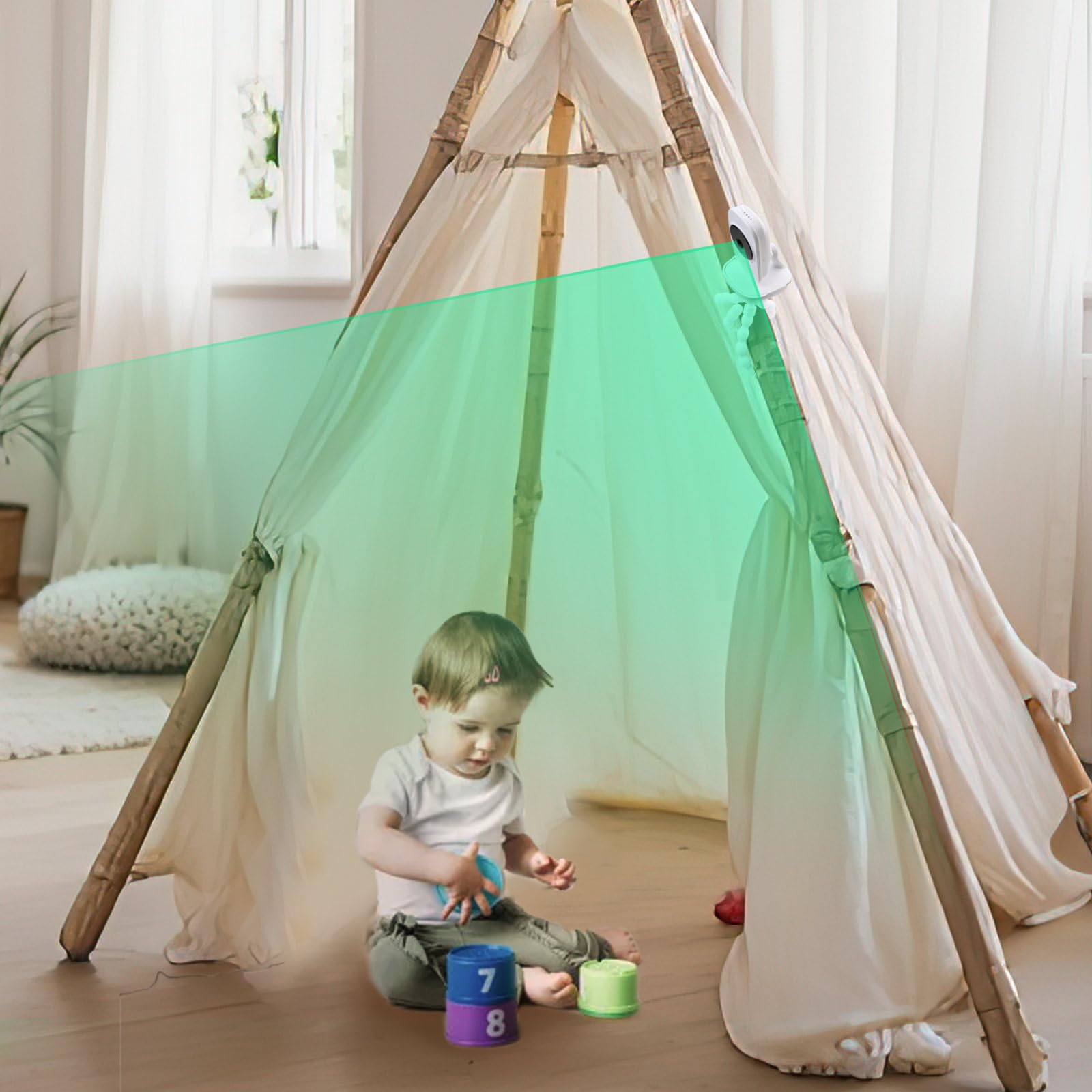 Wochel white finish blends with nursery decor for discreet monitoring.