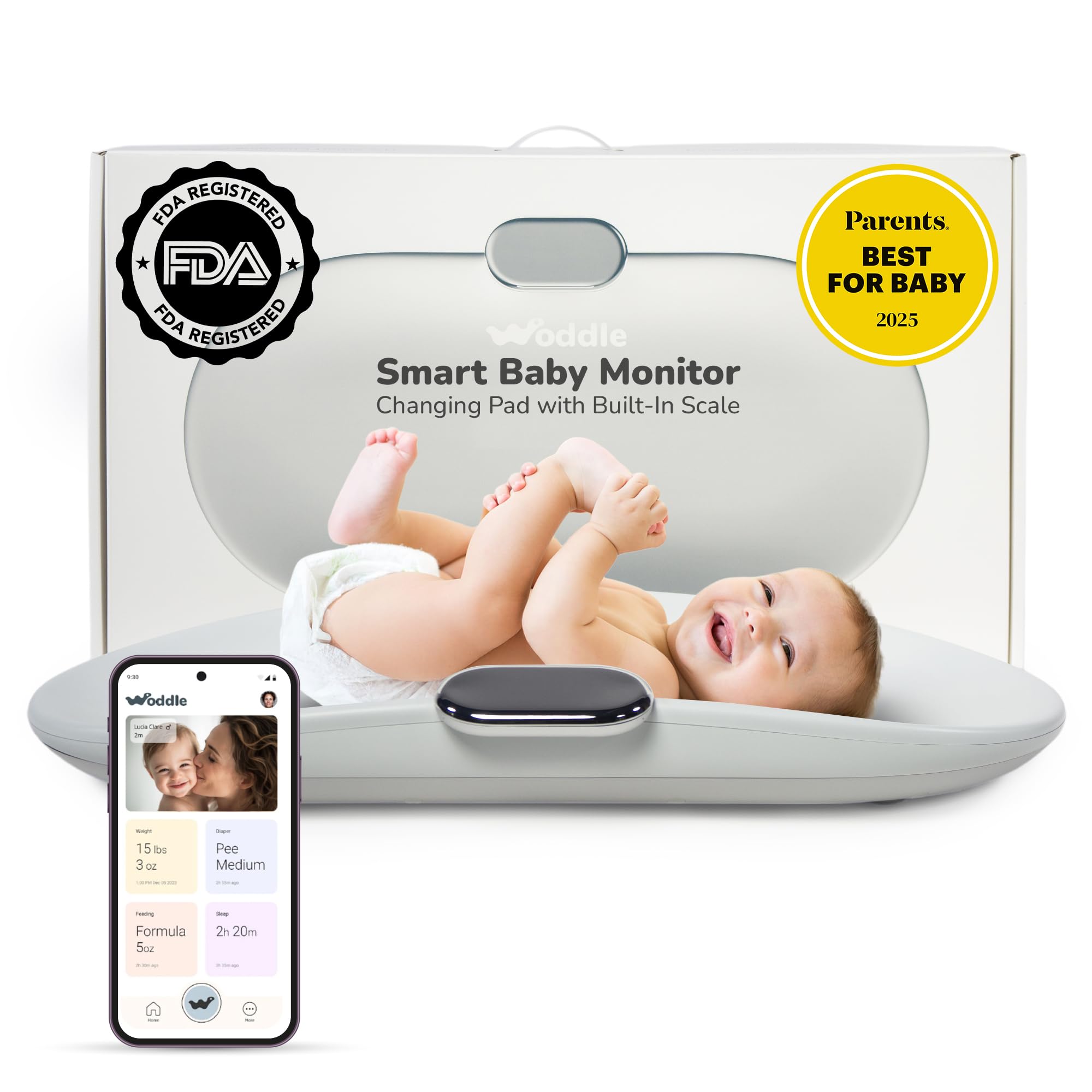 Woddle smart changing pad scale shows precise infant weight readings for growth tracking