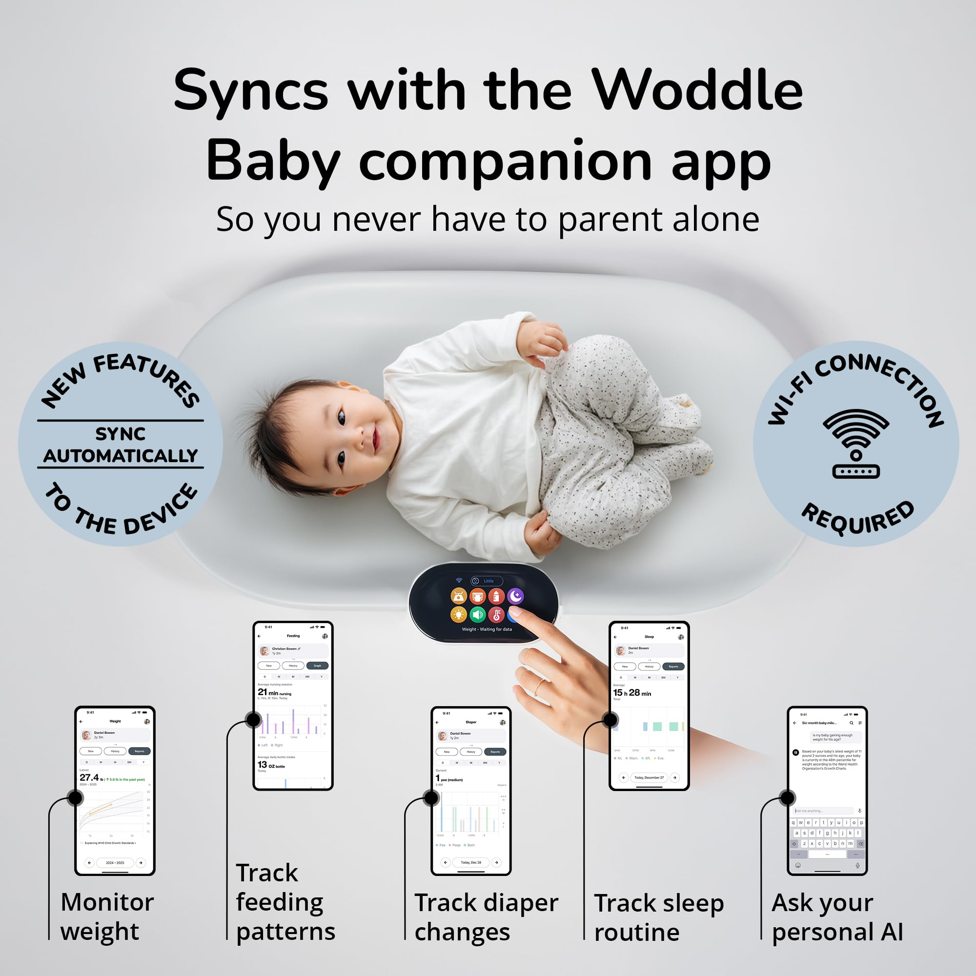 Woddle touchscreen tracker displays feedings, sleep, and diaper logs