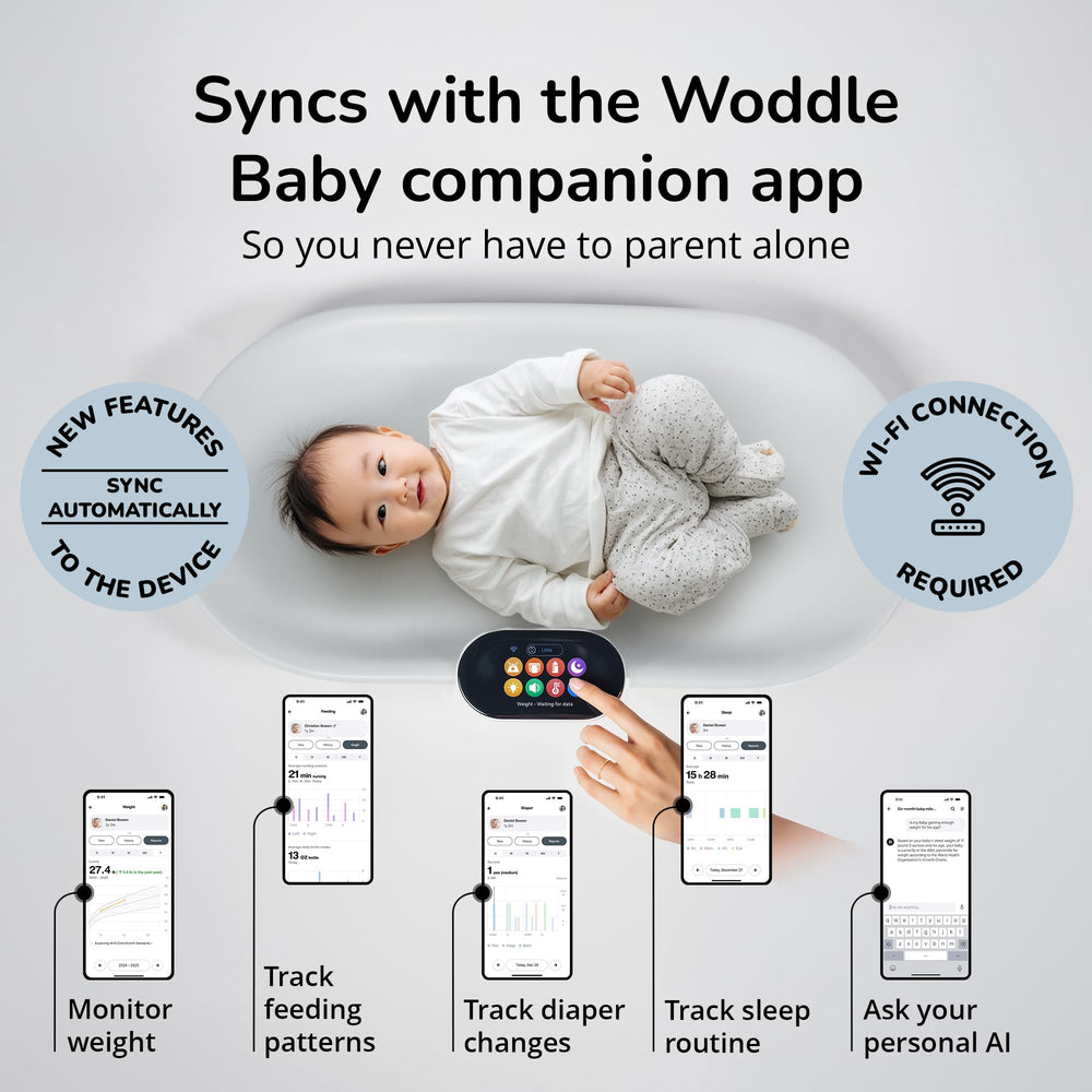 Woddle touchscreen tracker displays feedings, sleep, and diaper logs