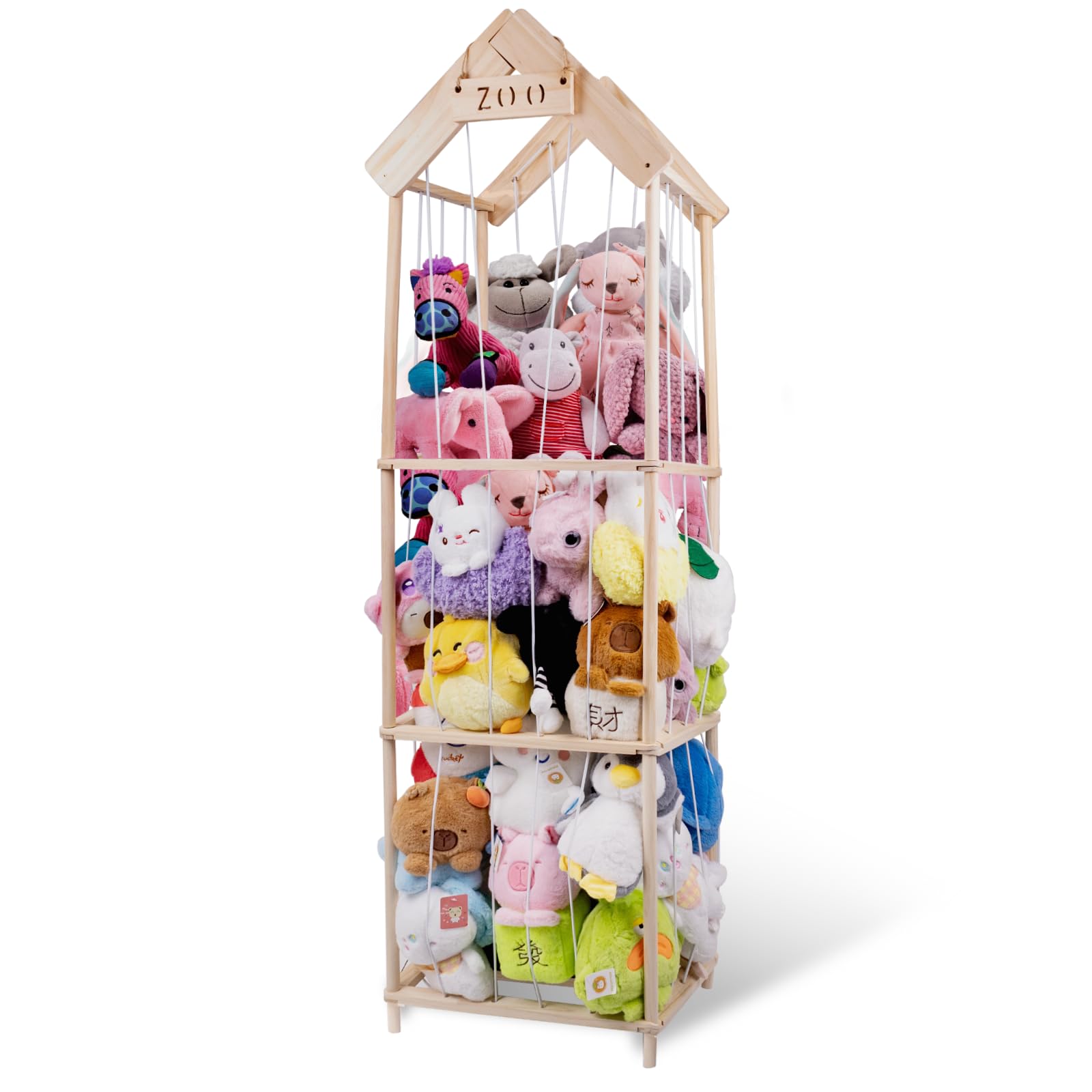 WodGod stuffed animal zoo storage cage shows tidy, organized plush display with ample space