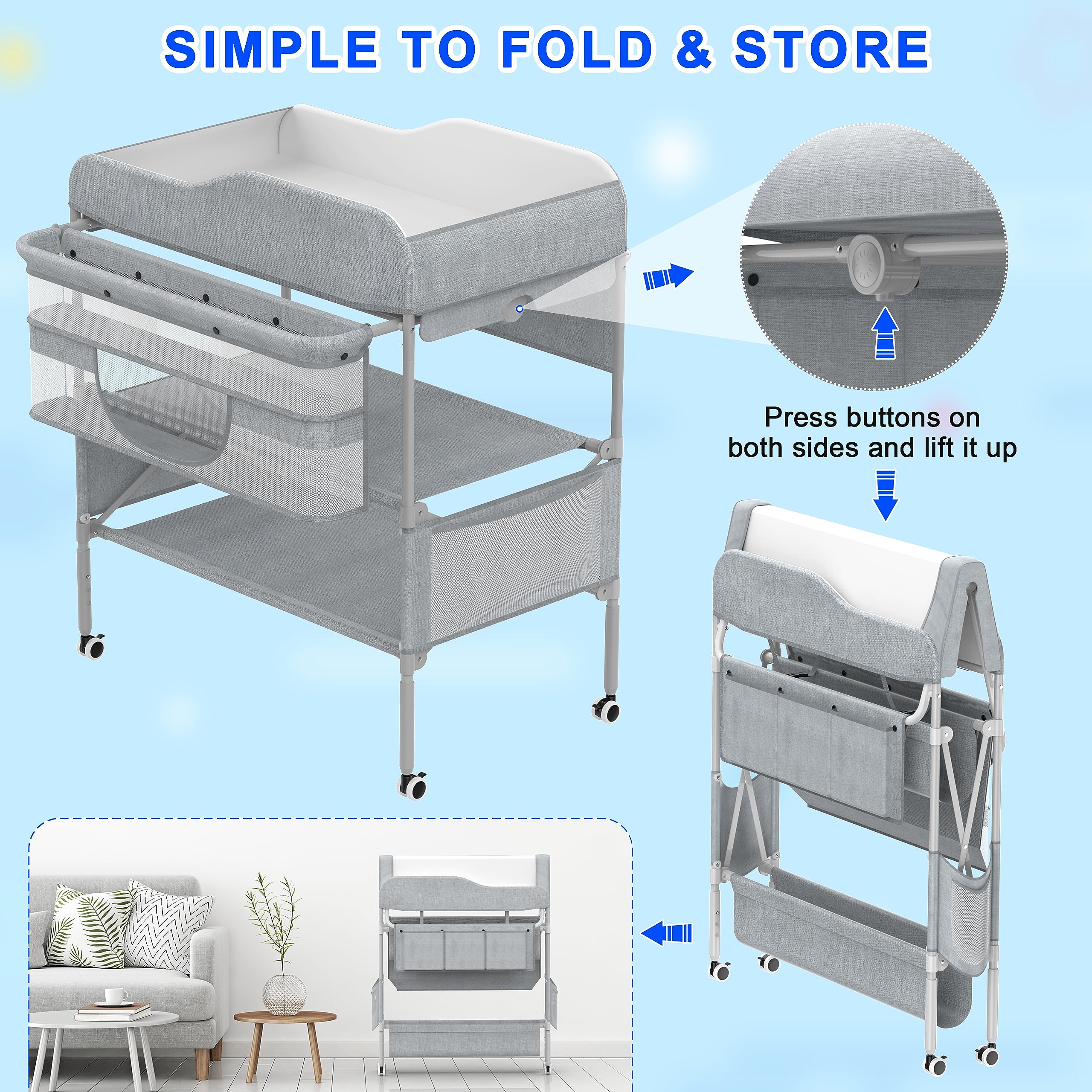 Wofafa changing table storage compartments keep nappies and essentials within reach.