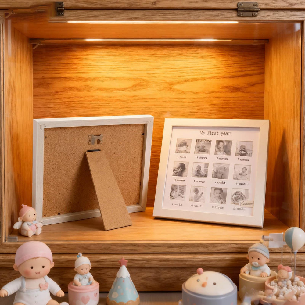 WOHPNLE Baby's First Year Frame tabletop display on a countertop for memory nook