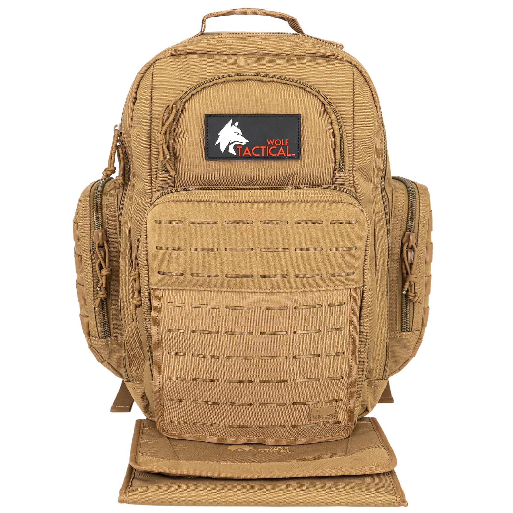 Wolf Tactical diaper bag front view showing organized pockets for busy dads.