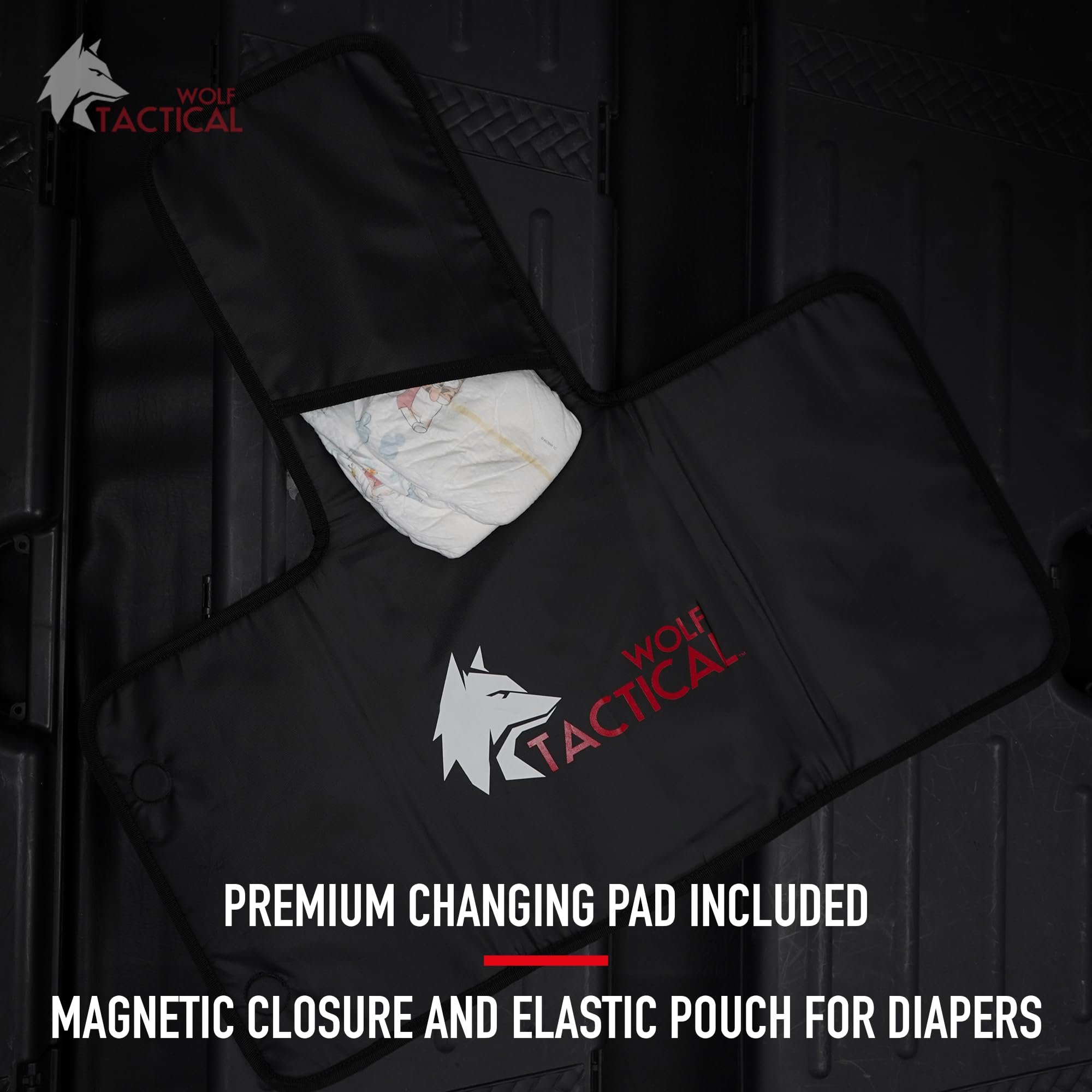 Wolf Tactical diaper bag 600D water-resistant fabric withstands weather.