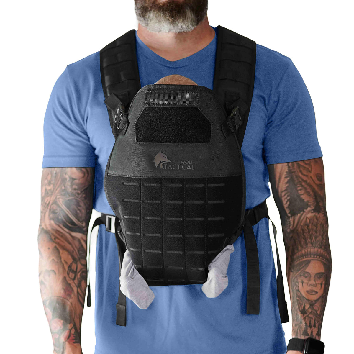 WOLF TACTICAL toddler carrier front view showing ergonomic, all-day-ready fit.