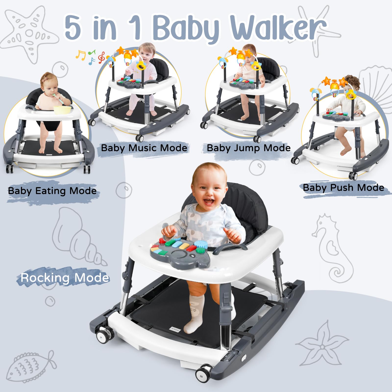 Wolfcode 5-in-1 walker showing adjustable height to fit growing babies.