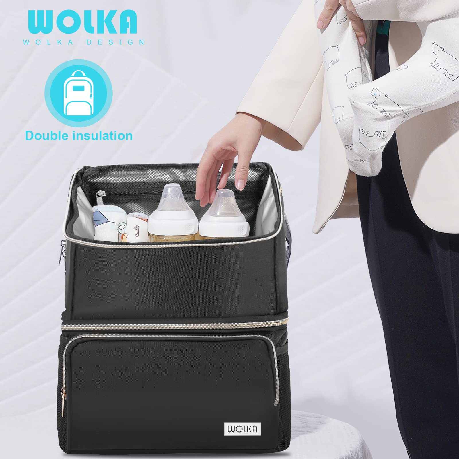 Wolka size capacity shows ample room for bottles and accessories