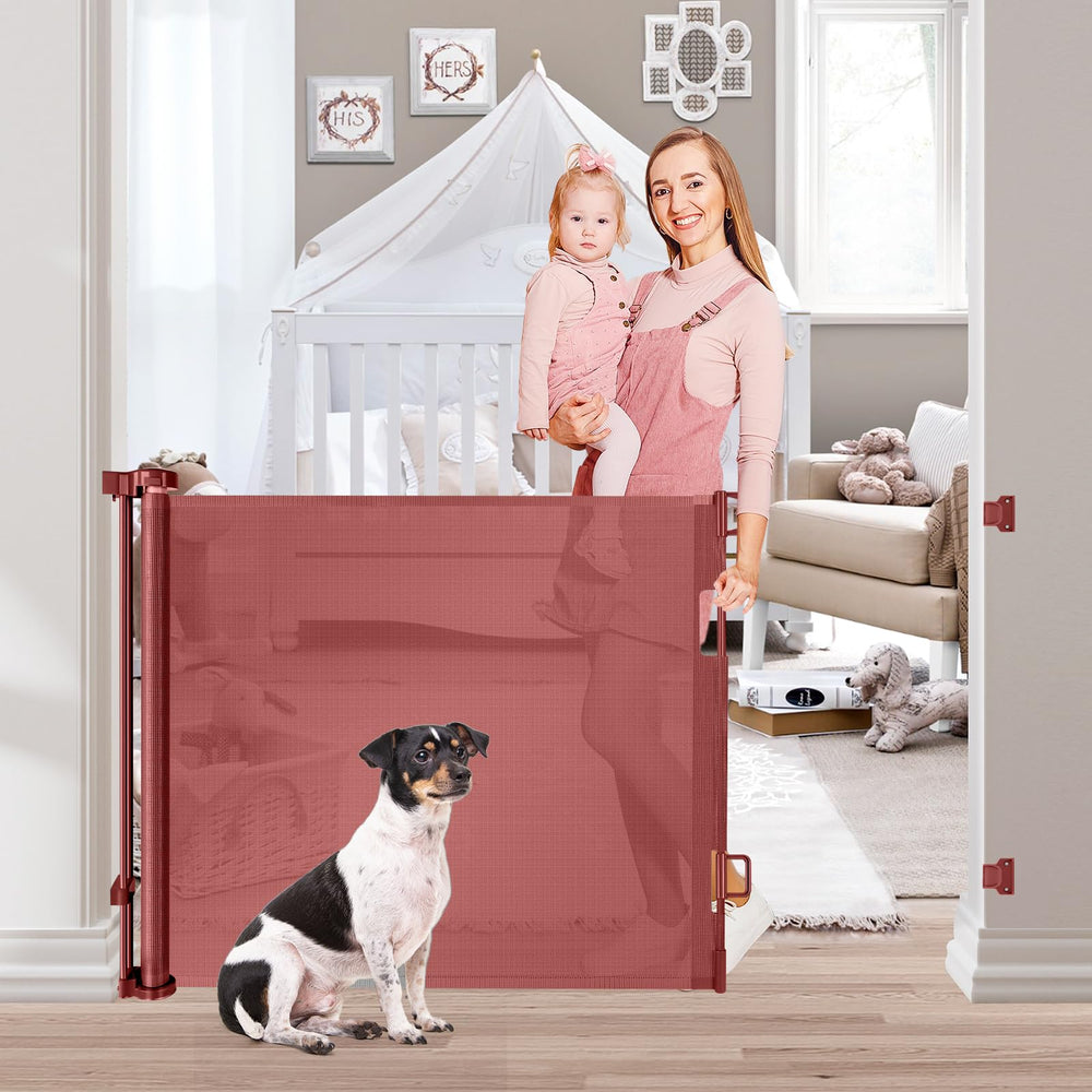WOMHOM 70wide retractable gate in doorway showing space-saving mesh for kids and pets.