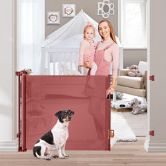 WOMHOM 70wide retractable gate in doorway showing space-saving mesh for kids and pets.