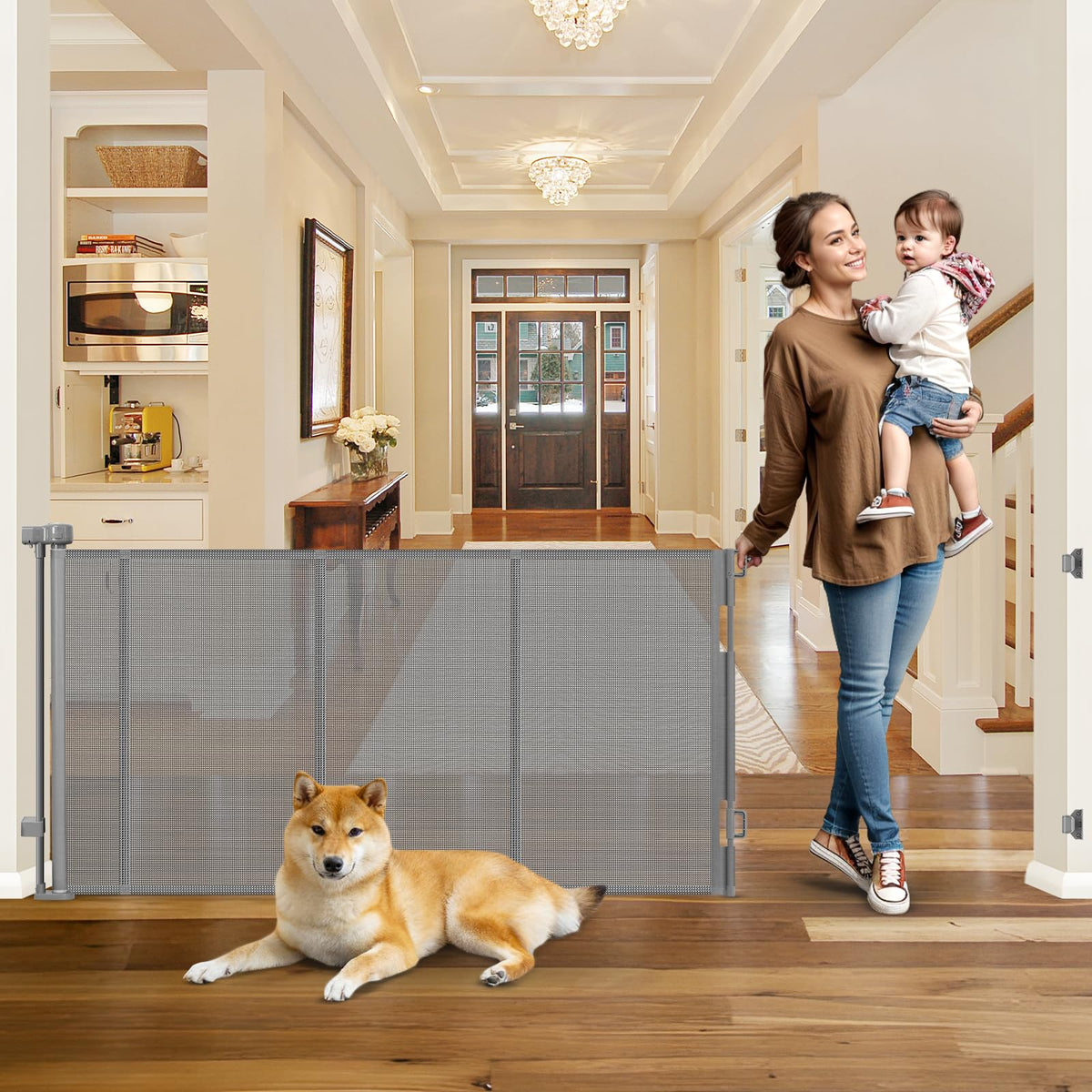 WOMHOM reinforced 100-inch gate extended across a doorway for secure wide openings.