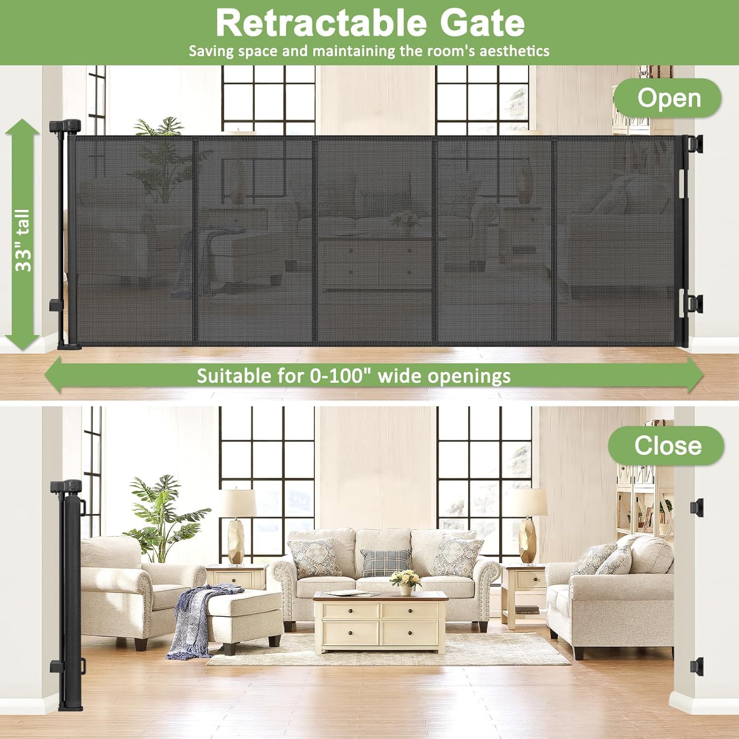 WOMHOM reinforced 100inch gate opened for easy passage of kids and pets