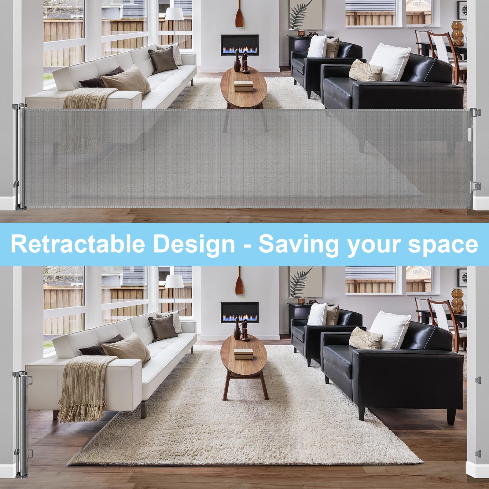 WOMHOM retractable gate indoor-outdoor design fits stairs, porches and patios.