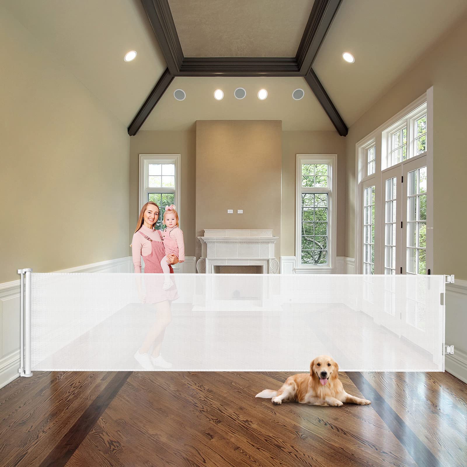 WOMHOM retractable gate doorway 100-inch wide provides wide coverage for large openings and pet access control.