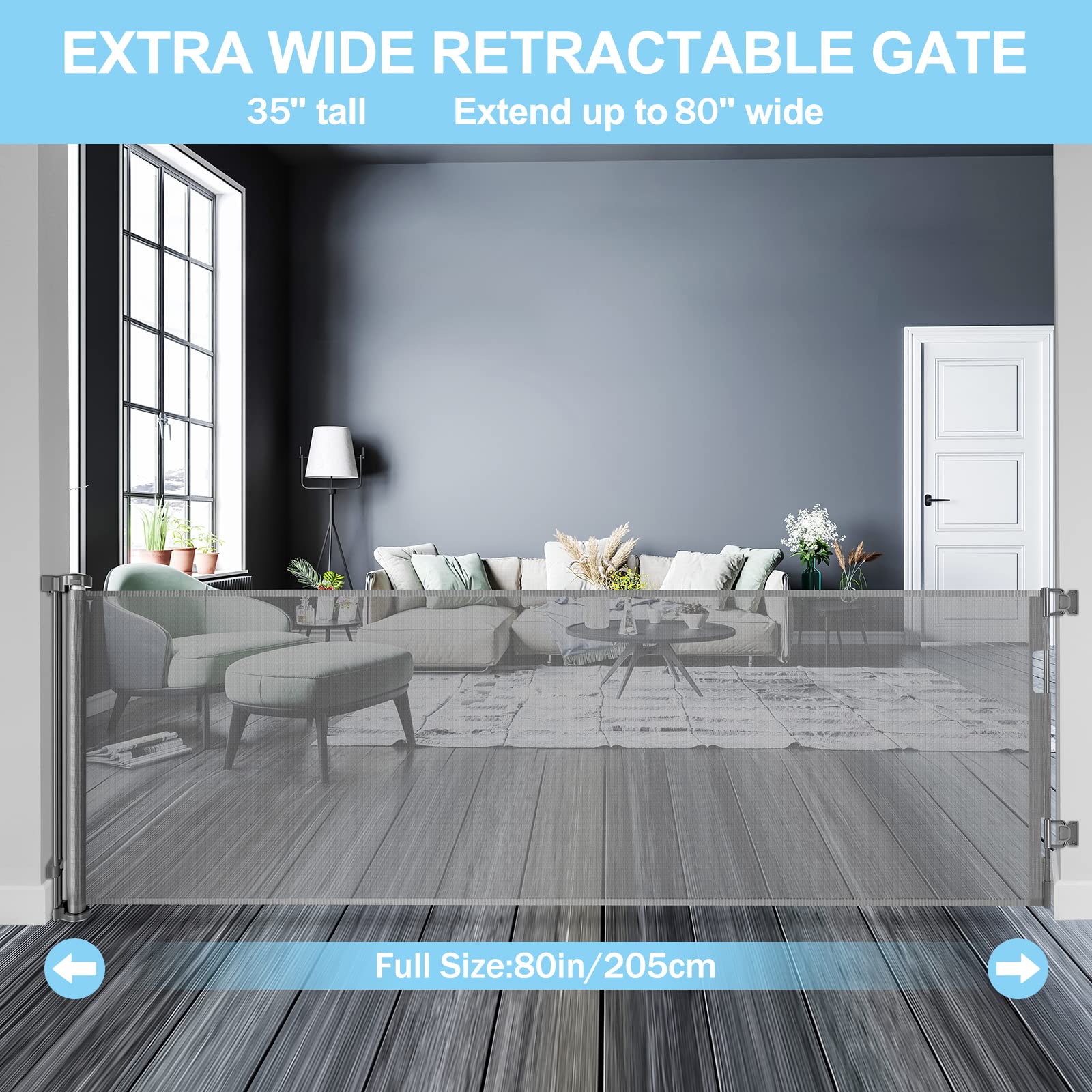 WOMHOM retractable mesh gate rolled up to save space between uses.