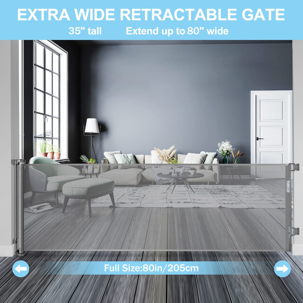 WOMHOM retractable mesh gate rolled up to save space between uses.