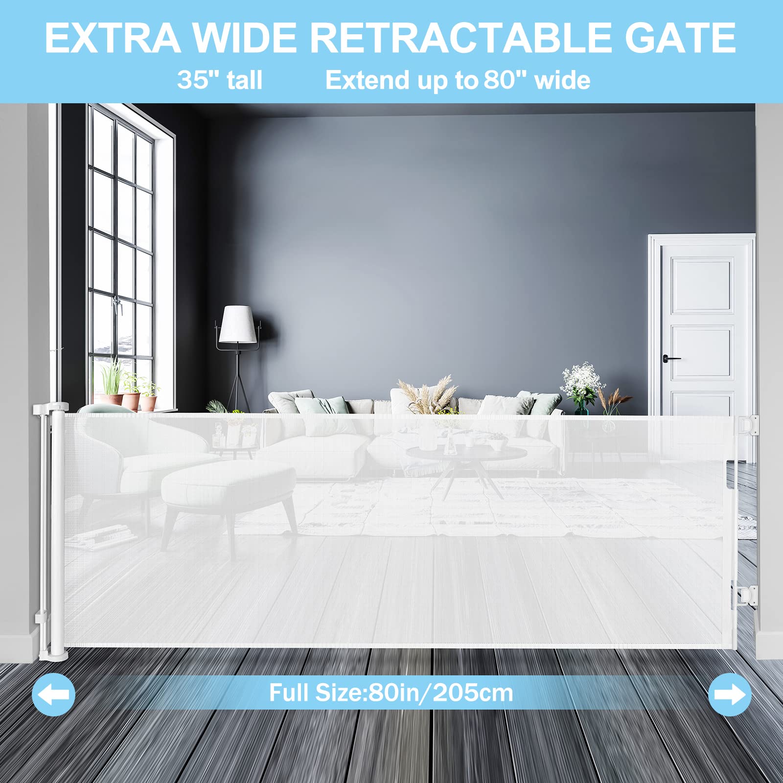 WOMHOM retractable mesh gate shown rolled up to save space.