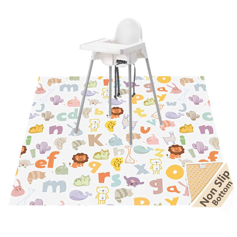 WOMUMON baby splat mat under high chair showing generous 51-inch coverage for mess prevention.