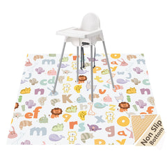 WOMUMON baby splat mat under high chair showing generous 51-inch coverage for mess prevention.