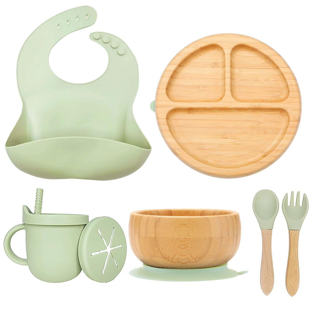 Womorista bamboo suction plate green overall view keeps baby meals neat.