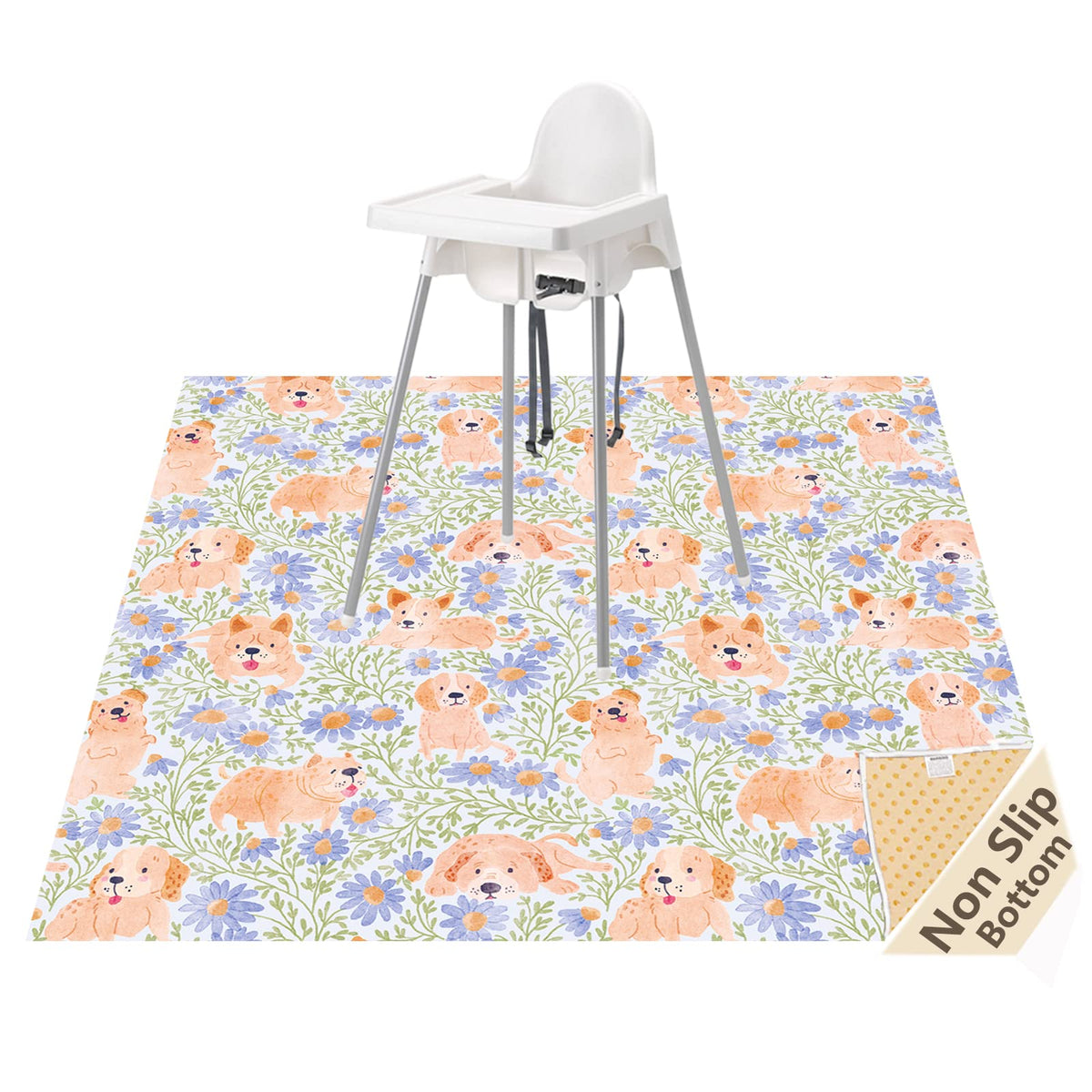 WOMUMON Splat Mat under high chair shields floors during meals.
