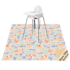 WOMUMON Splat Mat under high chair shields floors during meals.