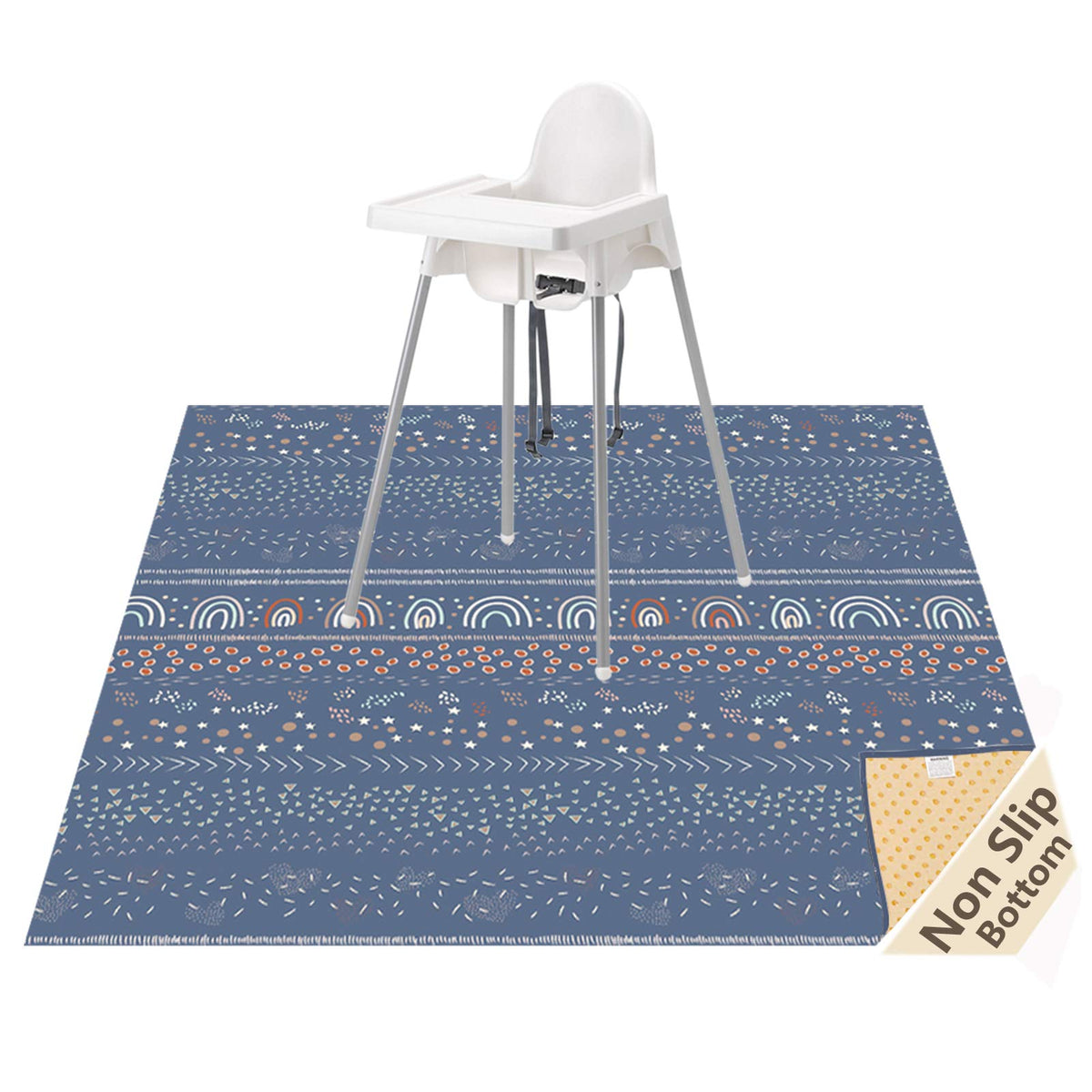 WOMUMON under high chair splat mat prevents spills and protects floors during meals.